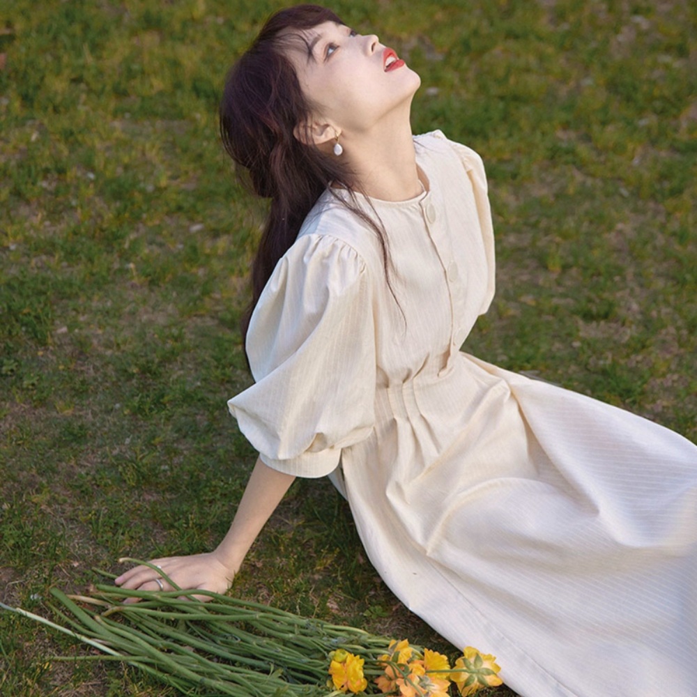 빈티지 퍼프슬리브 원피스 첫사랑 청순 드레스 하객룩 소개팅 뒷리본포인트 패션 코디 2컬러 - 상세 이미지 3