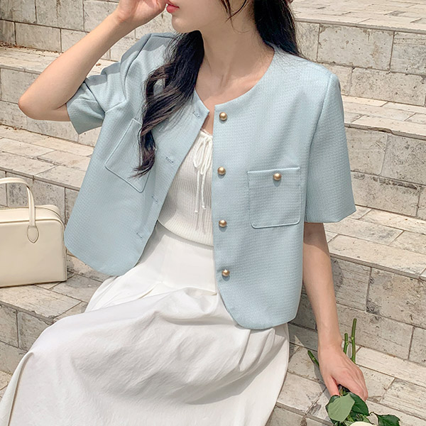 유러브 금장 라운드넥 트위드 반팔 자켓 jk2893