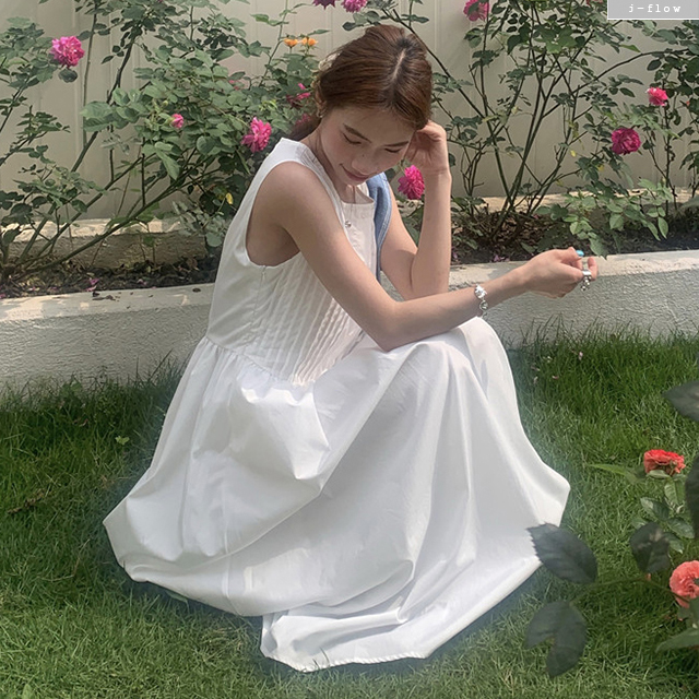 텔미 핀턱주름 라운드 민소매 버튼 코튼 롱 원피스 1col 봄 여름 셔츠 나시 제이플로우 이미지 2