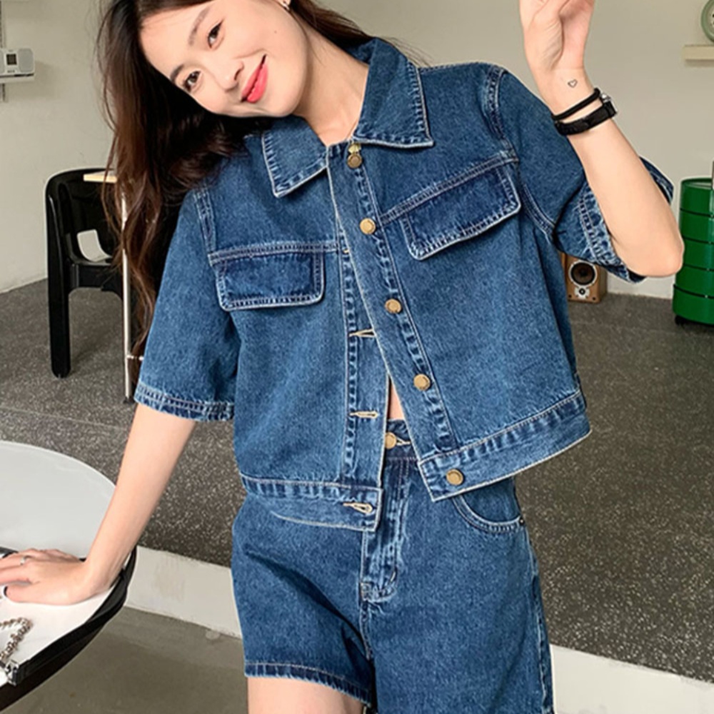 데님 반팔 자켓 크롭 여름 귀여운 청순 여친룩 캐주얼 패션 코디 - 상품 이미지