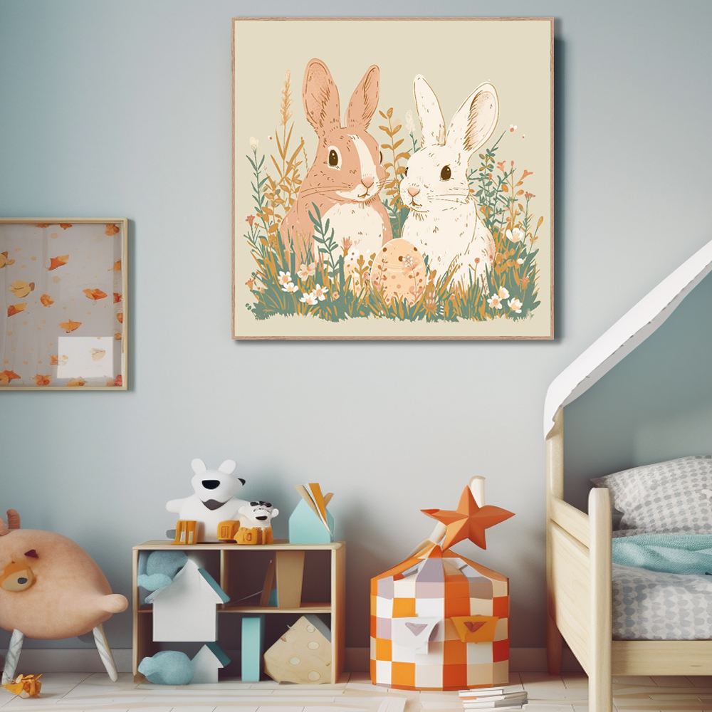 토끼와봄꽃 80x80cm 무광골드 알루미늄액자 토끼그림 이미지 6