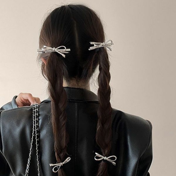 실버 리본 로우번 머리끈 5PCS 포니테일 똥머리 헤어끈 집게핀 안아픈 - 상세 이미지 2