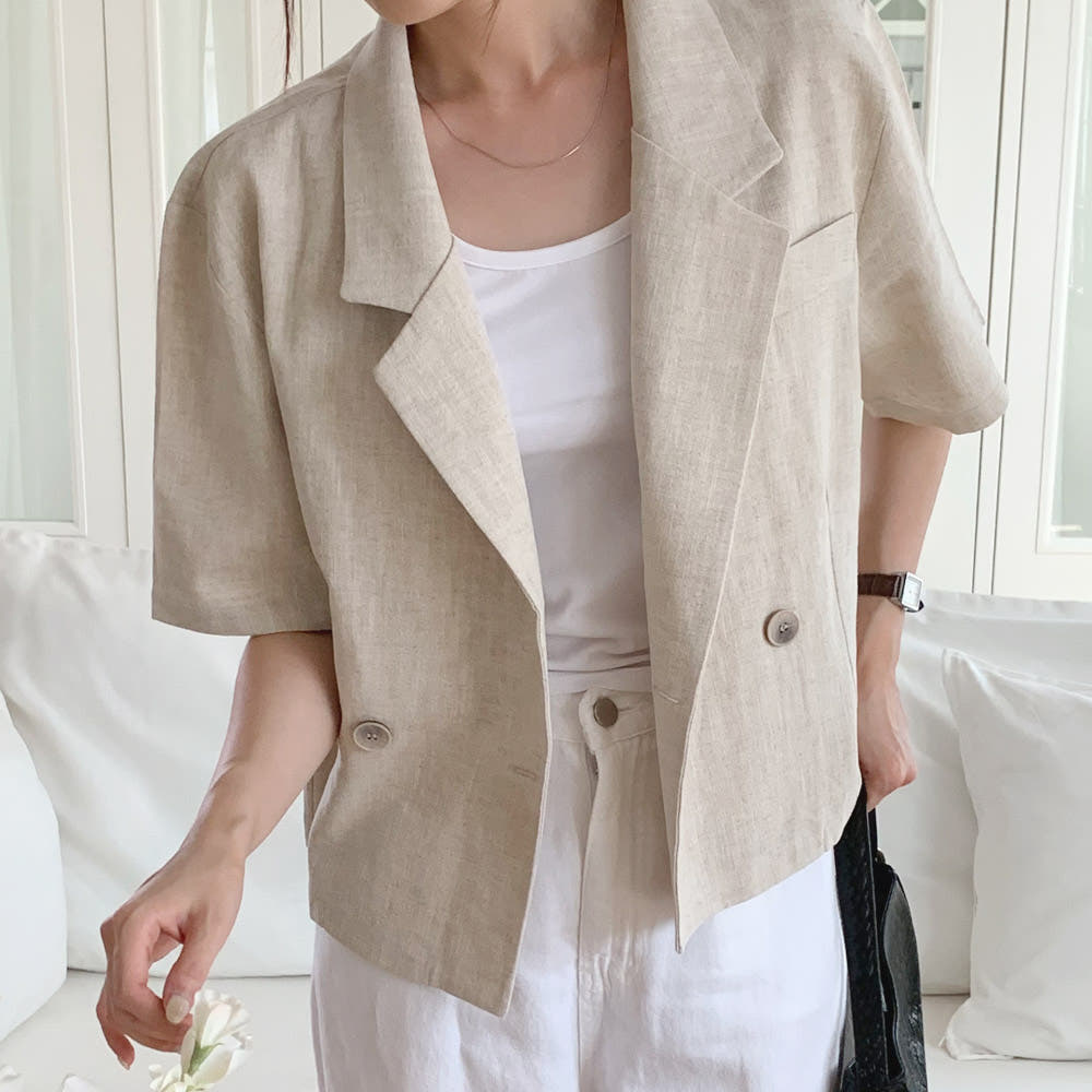 스타일대박 여성 여름 반팔 린넨 자켓 루즈핏 세미 크롭 크림 브라운 블랙