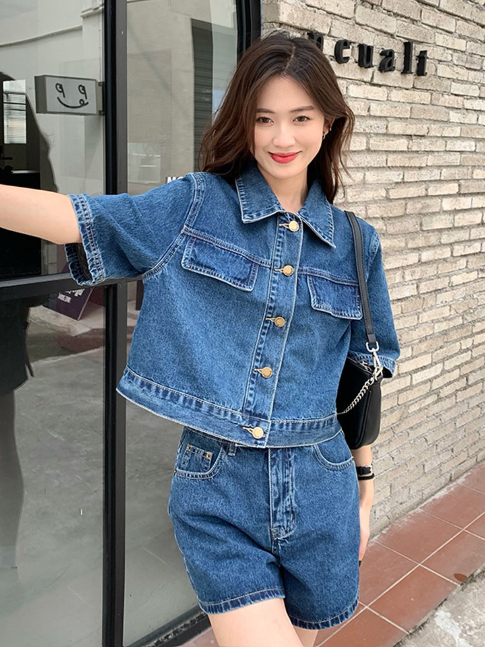 데님 반팔 자켓 크롭 여름 귀여운 청순 여친룩 캐주얼 패션 코디 - 상세 이미지 3