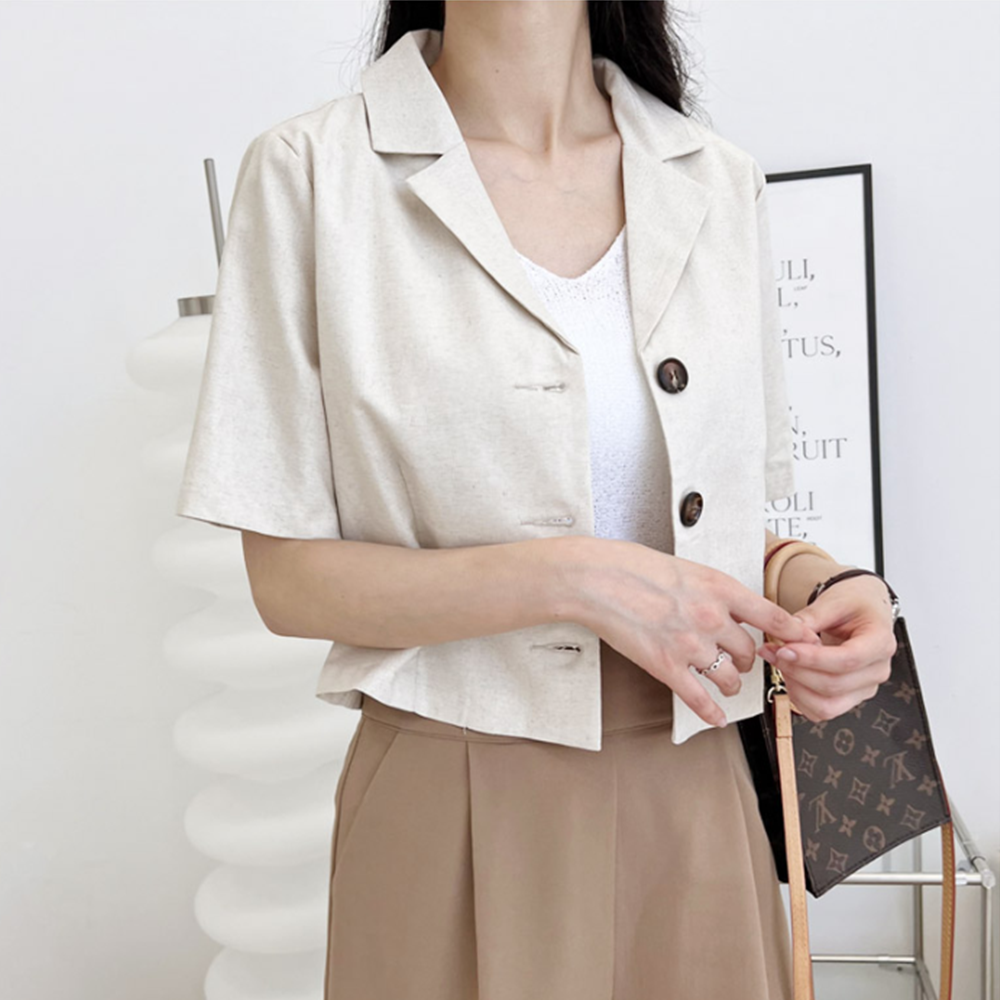 마쟈켓 여자 여름 마이 외투 베이지 린넨 반팔 크롭 숏 자켓 - 상세 이미지 5