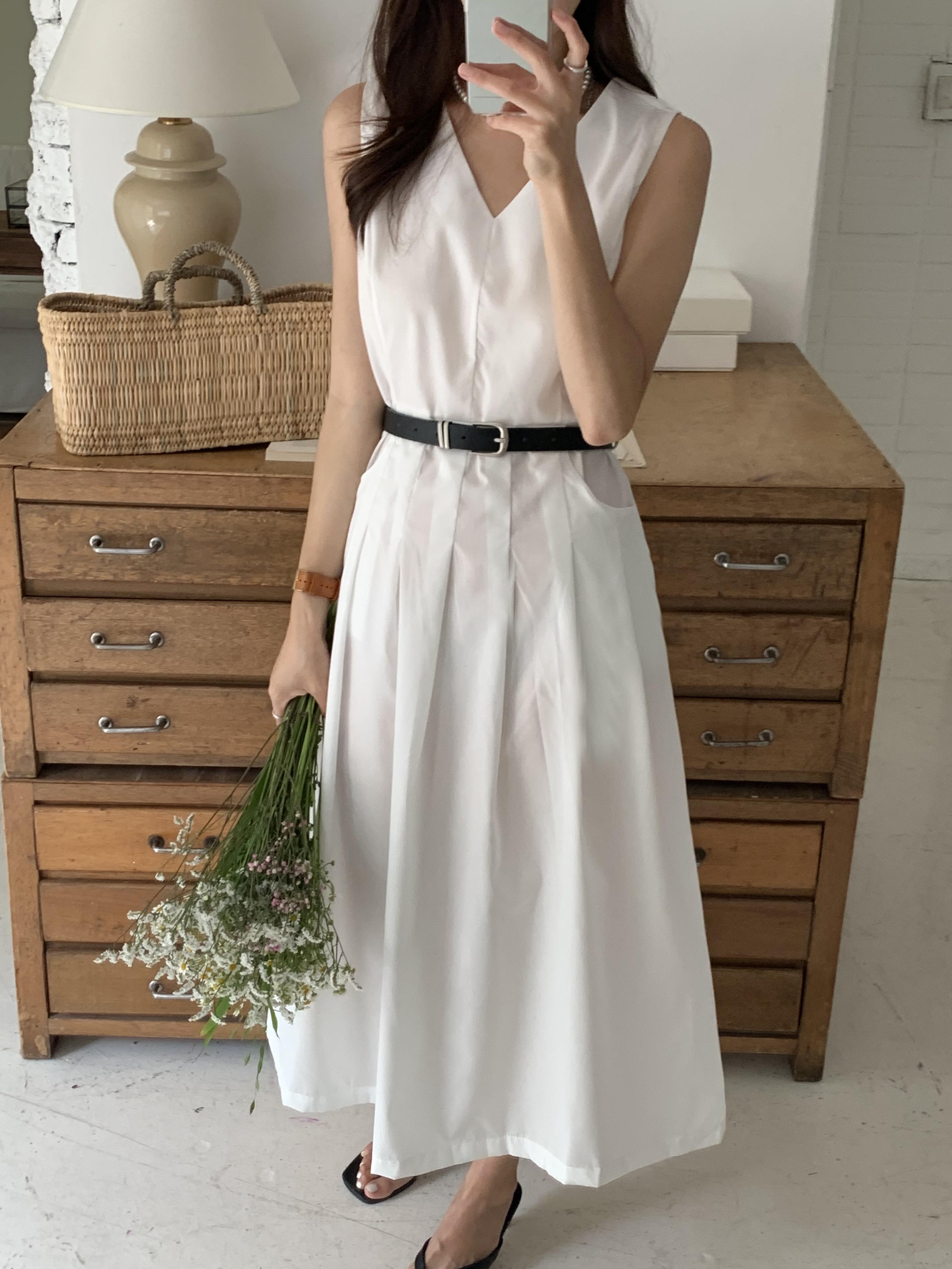 너츠 브이넥 민소매 핀턱 나시 뷔스티에 버클 벨트set 핀탁 플리츠 A라인 롱원피스 - 상세 이미지 3
