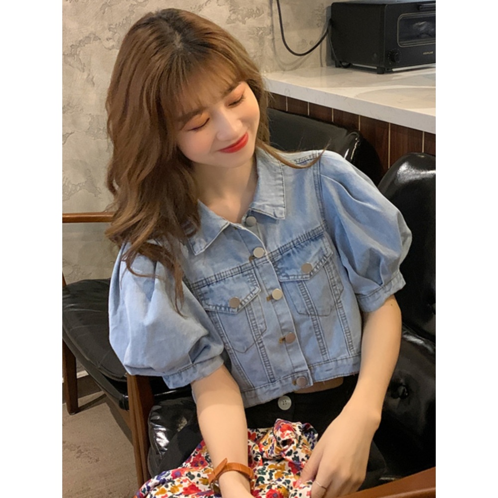 데님 반팔 자켓 퍼프 소매 볼레로 크롭 짧은 연청 아우터 2컬러 - 상세 이미지 2