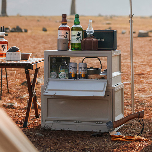 KOOLMAN 쿨맨 캠핑 박스 접이식 오픈 폴딩 정리함 우드상판 포함 50L, 올리브그린