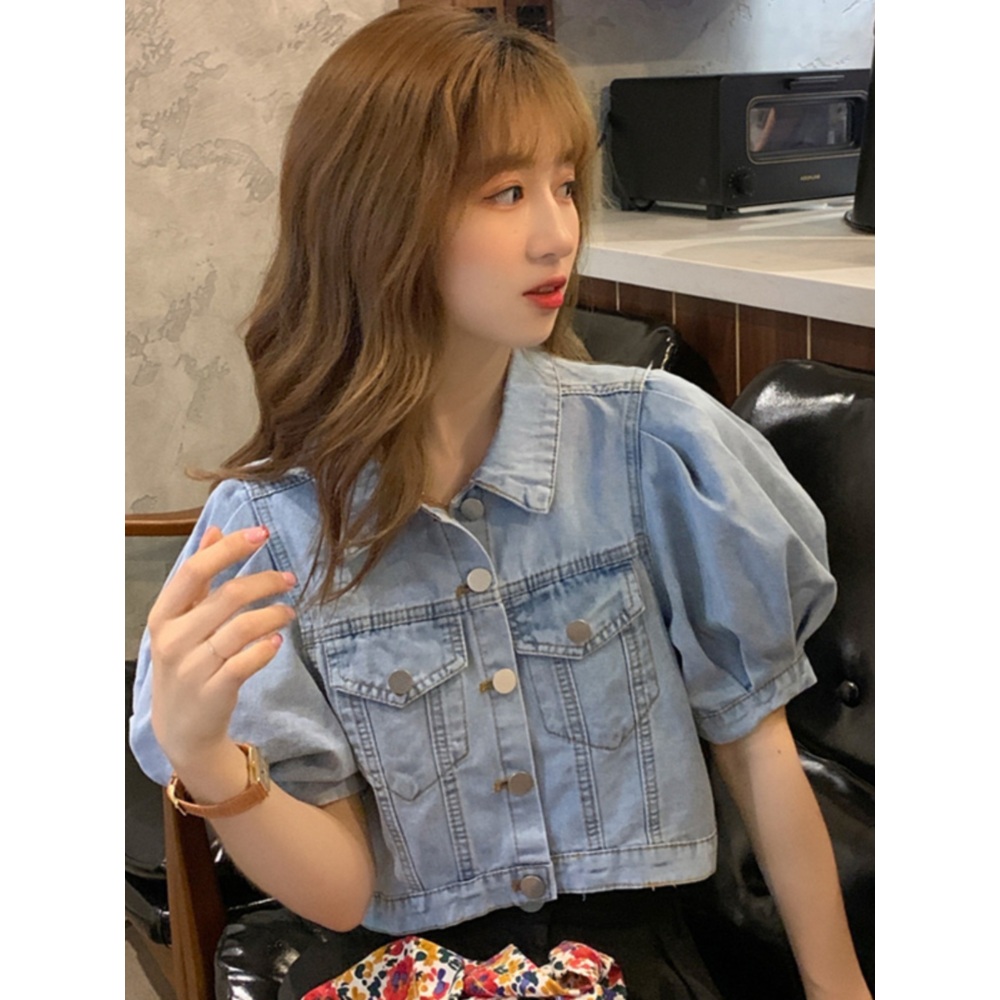 데님 반팔 자켓 퍼프 소매 볼레로 크롭 짧은 연청 아우터 2컬러 - 상세 이미지 3
