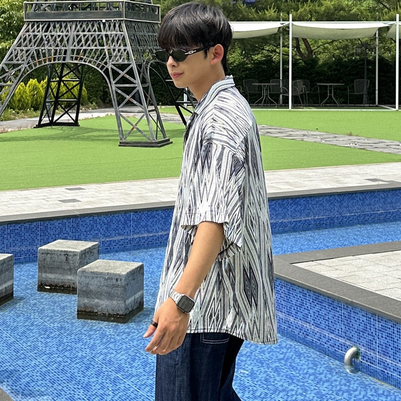 남자 터펜 오버핏 여름 아이스 쿨링 냉감 바캉스 레트로 셔츠 남방 - 메인 이미지