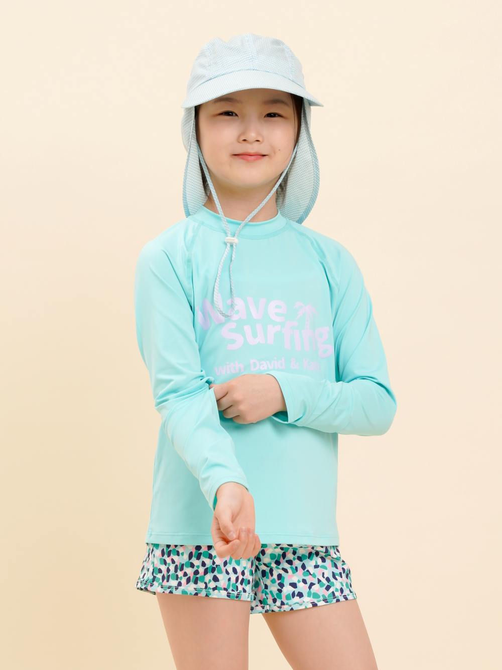 데이빗앤케이트 주니어 초등학생 여아 수영복 래쉬가드 플랩캡 세트 Mint Navy - 상세 이미지 2