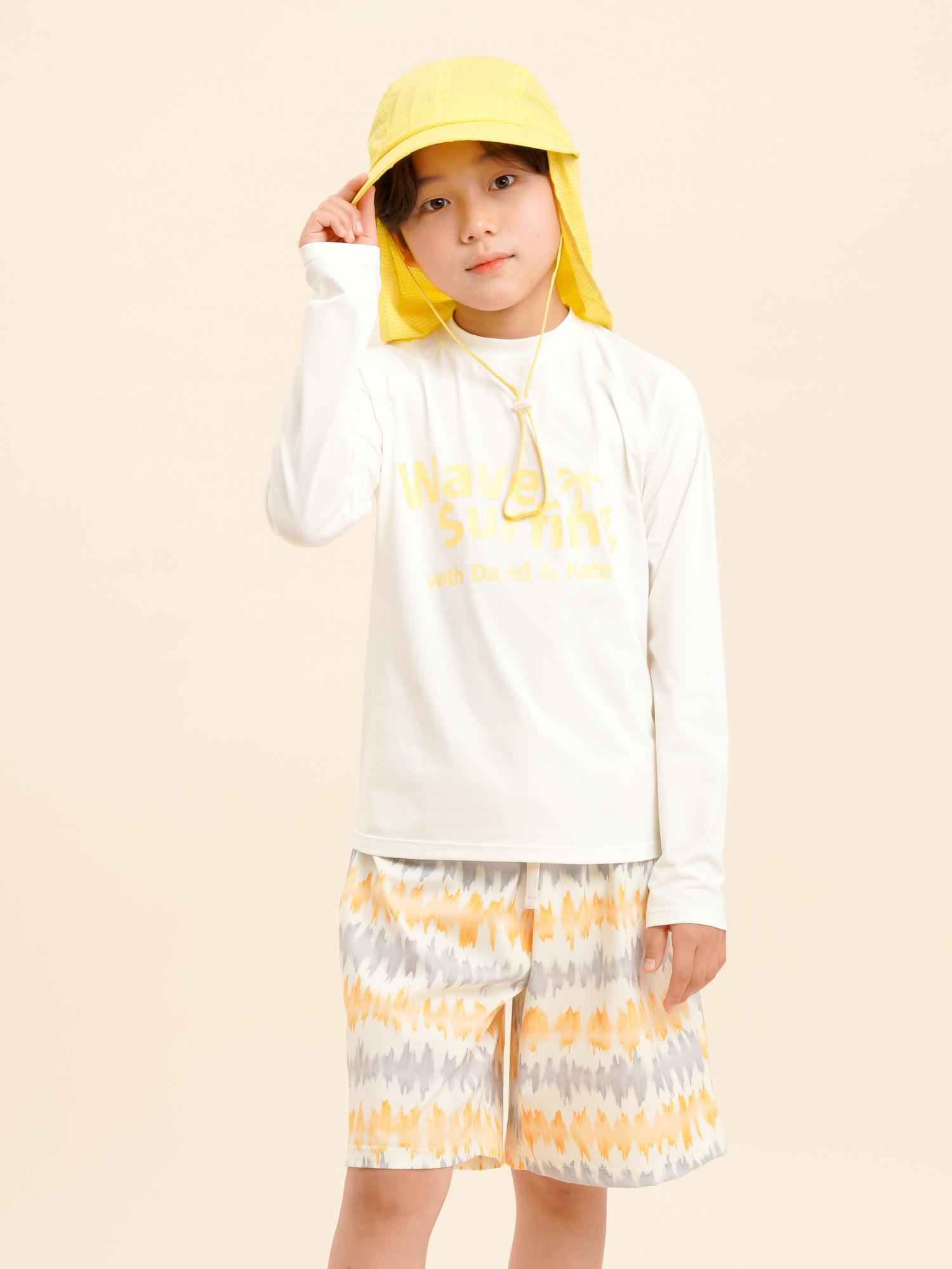 데이빗앤케이트 주니어 초등학생 남아 수영복 래쉬가드 플랩캡 세트 Ivory Print - 상품 이미지