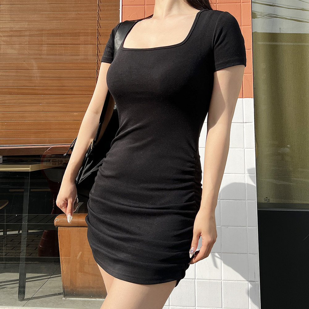 스파 사각 스퀘어넥 셔링 무지 스판 슬림핏 반팔 미니원피스 3color - 상세 이미지 3