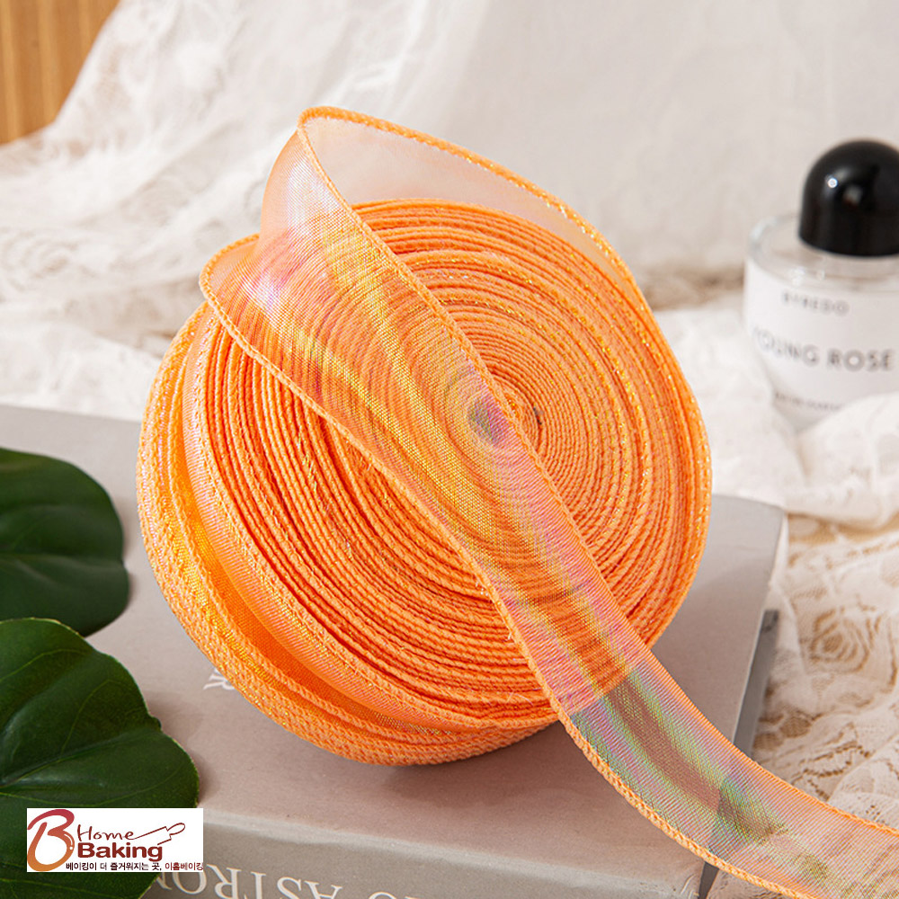 웨이브쉬폰리본끈 오로라리본오렌지컬러 폭4cm 9미터 9미터 오간디 꽃 머리장식 꽃다발 선물포장