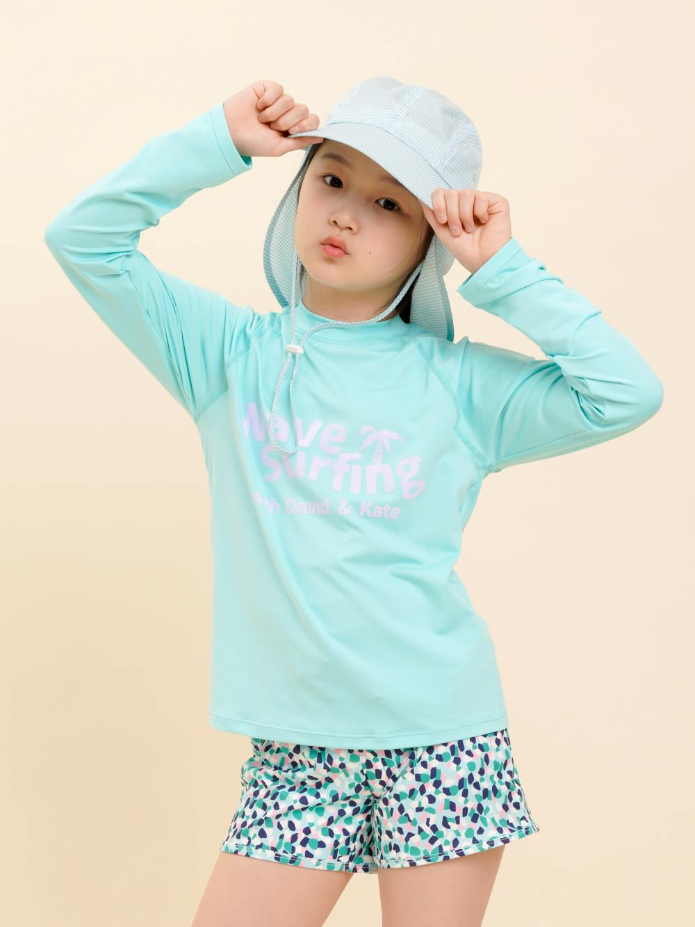 데이빗앤케이트 주니어 초등학생 여아 수영복 래쉬가드 플랩캡 세트 Mint Navy - 상세 이미지 3
