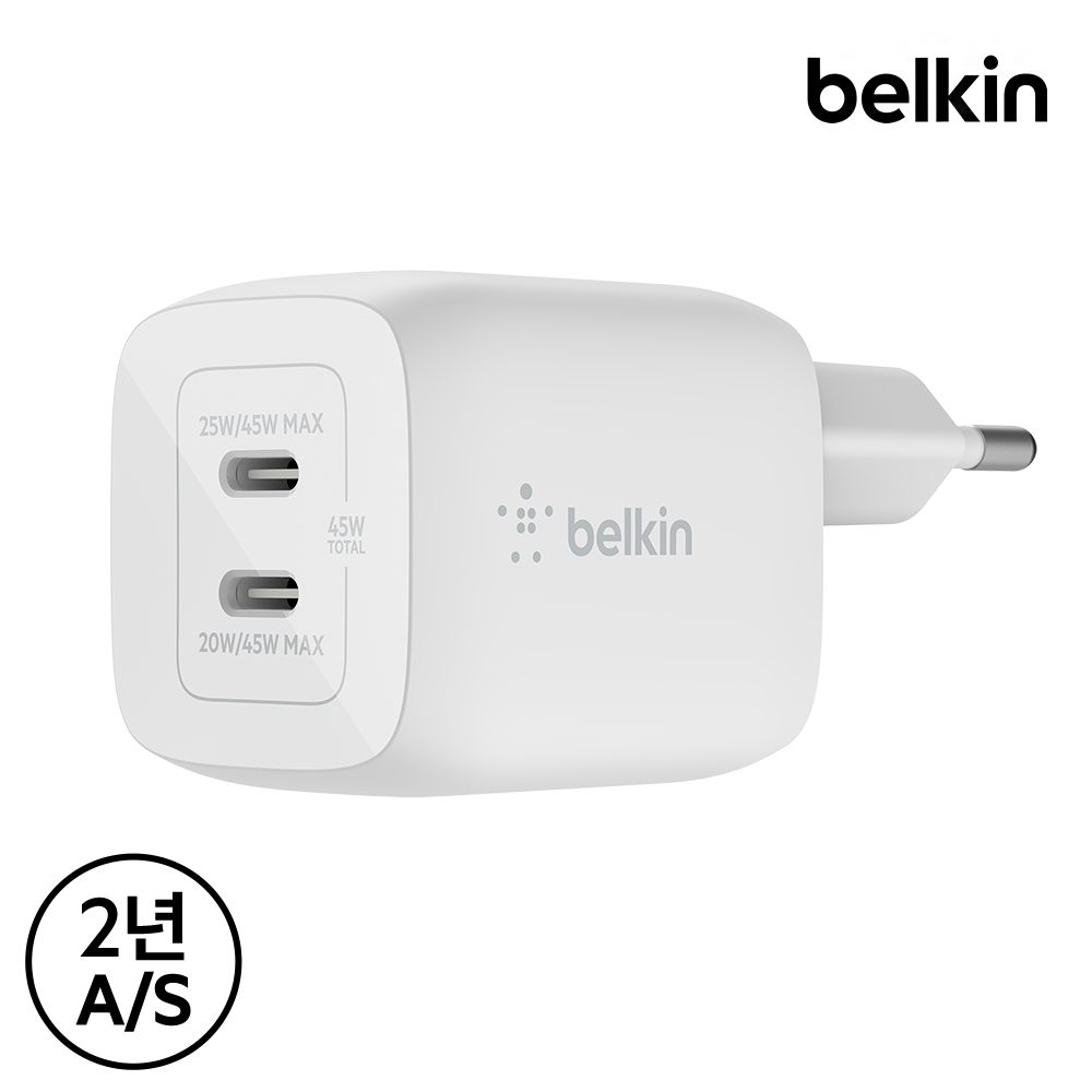 벨킨 45W 듀얼 USB-C타입 PD 3.0 PPS GaN 고속 충전기 WCH011kr 아이폰16 15 14 13 12 갤럭시S25 아이패드 프로 M4 맥북 노트북 삼성 LG 호환 - 상세 이미지 2