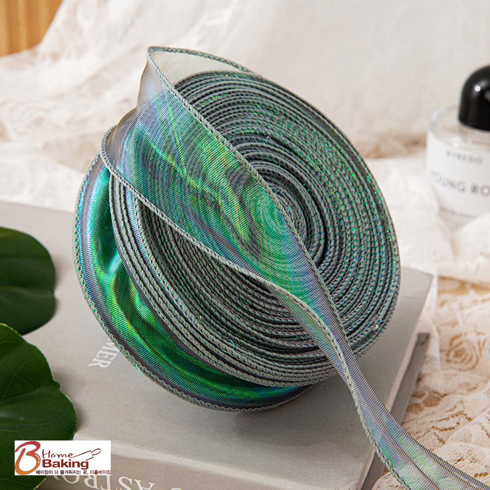 웨이브쉬폰리본끈 오로라리본그린컬러 폭4cm 9미터 오간디 꽃포장 장식 꽃다발포장 선물