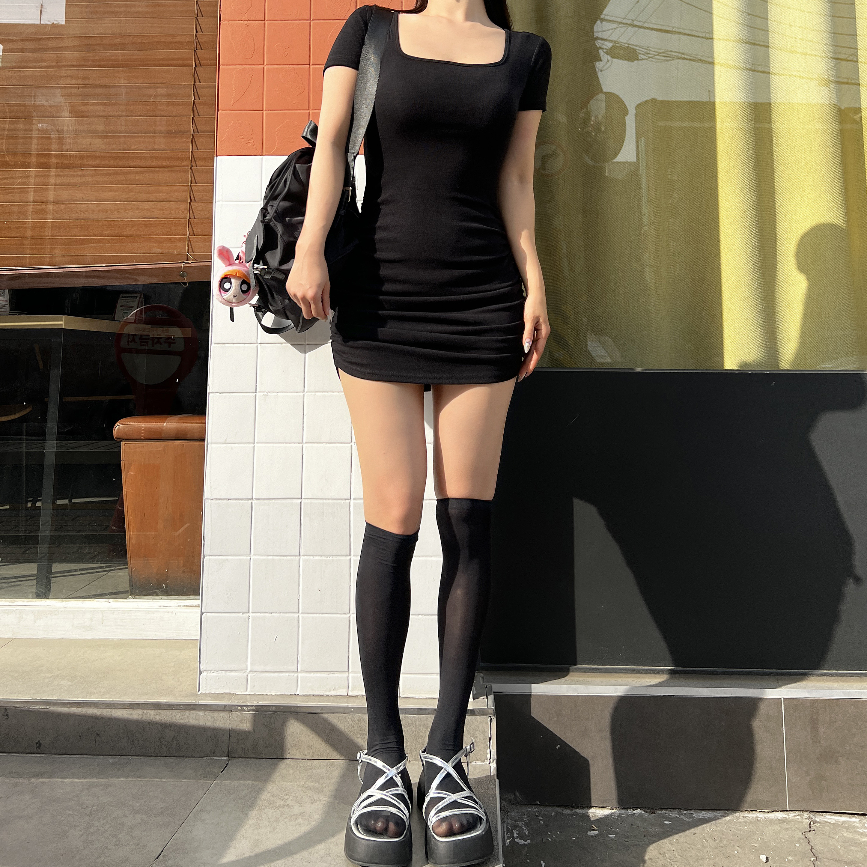 스파 사각 스퀘어넥 셔링 무지 스판 슬림핏 반팔 미니원피스 3color - 상세 이미지 2