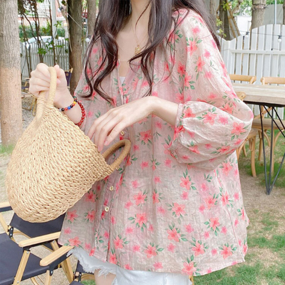 여자 블라우스 봄 가을 여름 여성 데일리 퍼프 출근 꽃무늬 플라워 30대 중년 데이트 - 상품 이미지