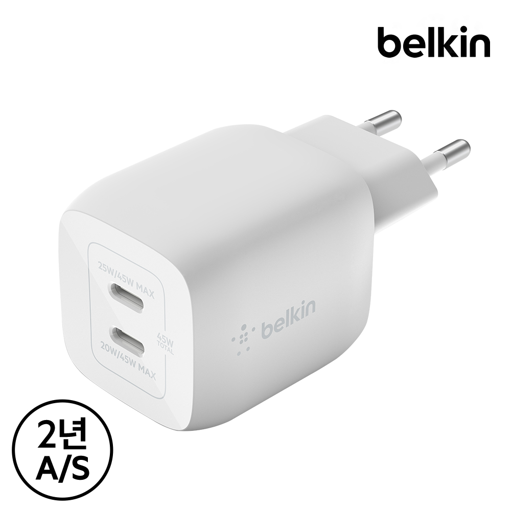 벨킨 45W 듀얼 USB-C타입 PD 3.0 PPS GaN 고속 충전기 WCH011kr 아이폰16 15 14 13 12 갤럭시S25 아이패드 프로 M4 맥북 노트북 삼성 LG 호환 - 상세 이미지 3