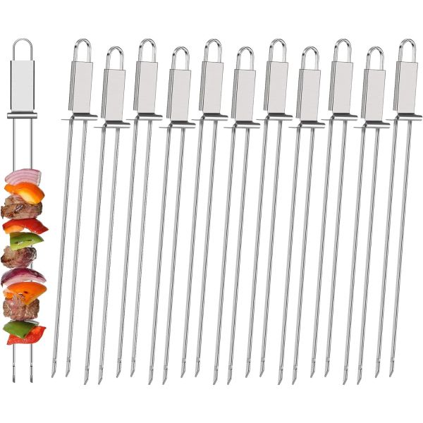 금속을 굽는 카밥 꼬치 철물 BBQ 스틱 푸시바 재사용 가능한 이중 가지 케밥 도구 빠른 출시 고기 닭고기 야채와 아버지를 위한 과일 12개입... 