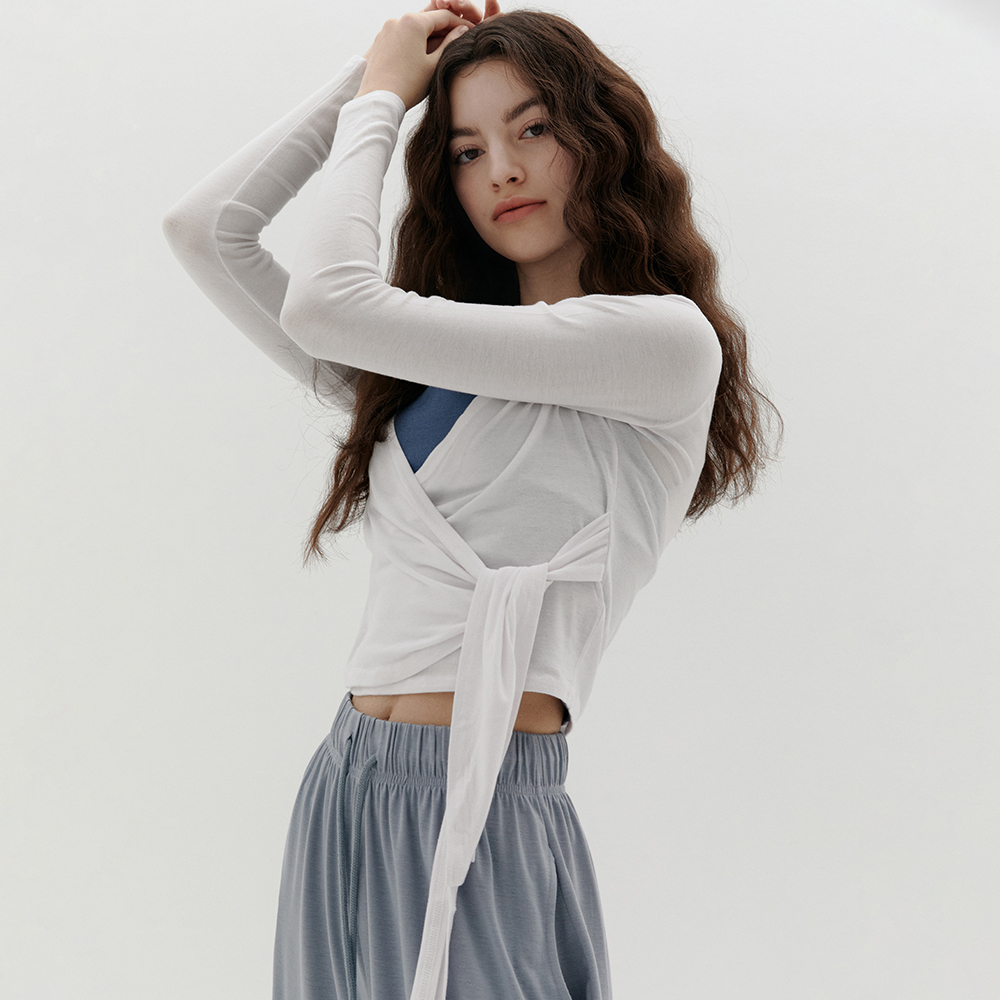 [리턴 랩 슬리브] 랩 가디건 요가 필라테스 운동 애슬레저 여성복 폴웨어 요가웨어 커버업 레이어드 여리여리 - 상품 이미지
