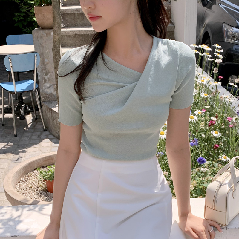 (페미닌포인트룩♥) 센르 언발 드레이프 셔링 반팔 티셔츠 ts4100 - 상세 이미지 2