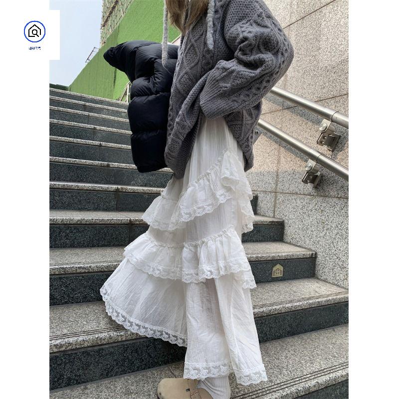 여름 프릴 셔링 봄 러블리 롱 밴딩 스커트 캉캉 데일리 레이스 치마 쉬폰 - 상품 이미지