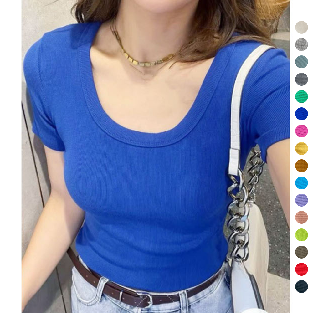 파란티 흠뻑쇼 반팔티 무지 U넥 레이어드 골지 여름 기본티 - 상품 이미지