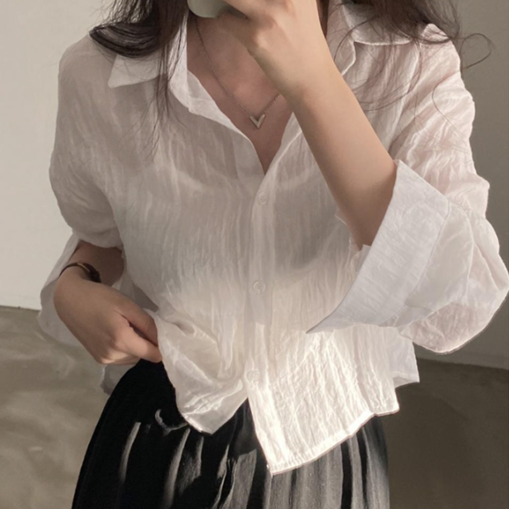 거즈면블라우스 거즈 남방 크롭 여름 셔츠 시스루 블라우스 - 상세 이미지 2