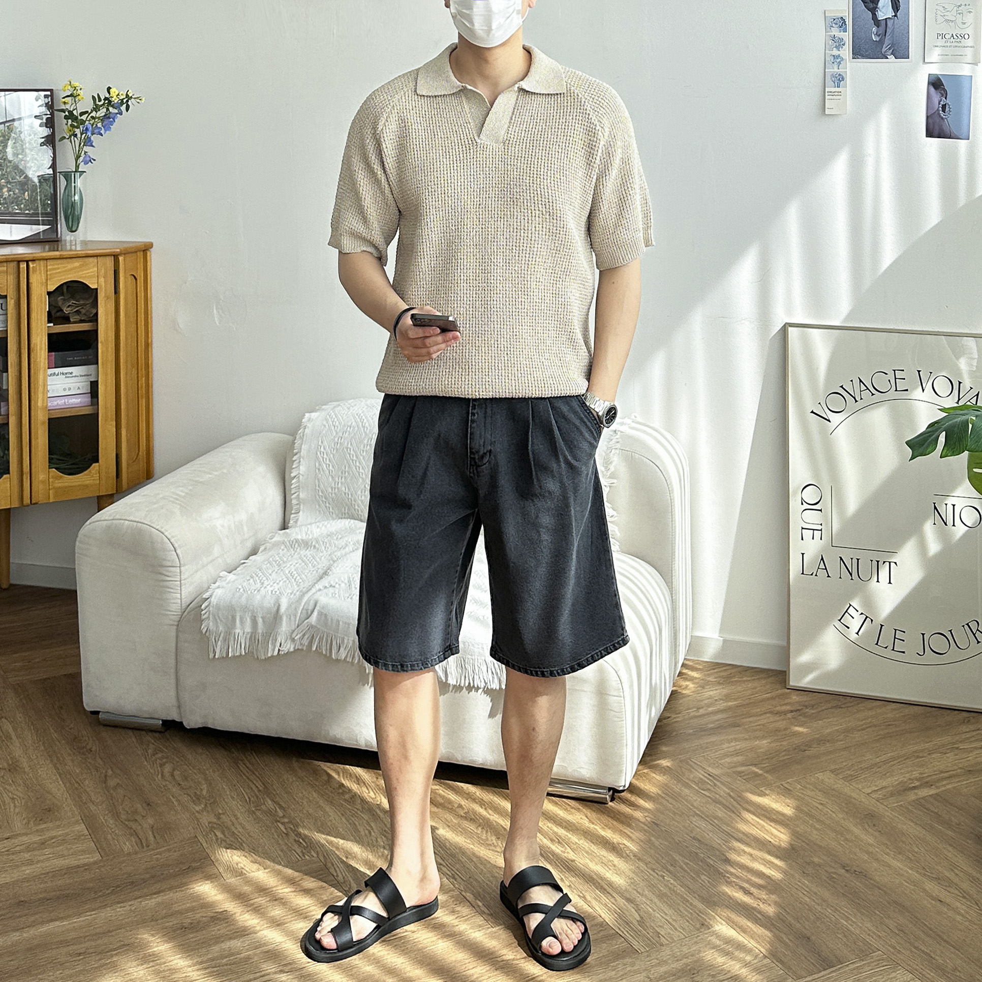 남자 고퀄리티 린넨 와플 펀칭 크로쉐 나그랑 여름 반팔 카라 니트 4color - 상세 이미지 4