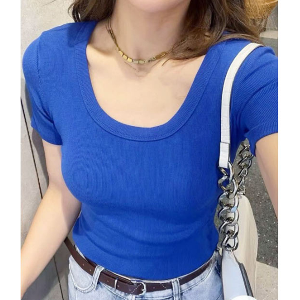 파란티 흠뻑쇼 반팔티 무지 U넥 레이어드 골지 여름 기본티 - 상세 이미지 2