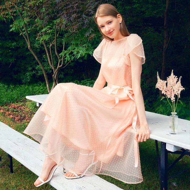 [회사원A 착용] DAISY See-through Petal sleeve Lace dress_peach pink - 상세 이미지 2