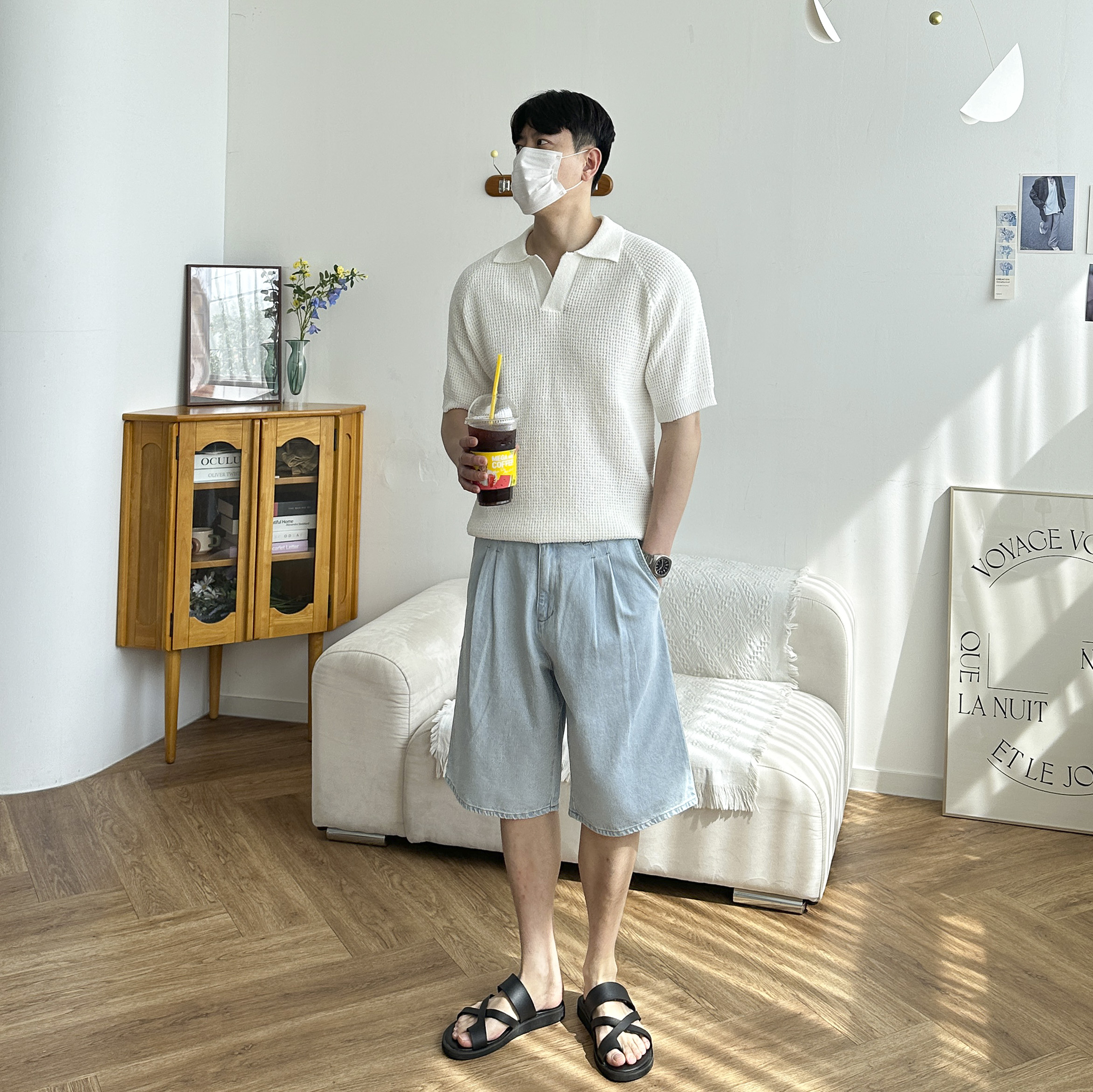 남자 고퀄리티 린넨 와플 펀칭 크로쉐 나그랑 여름 반팔 카라 니트 4color - 상세 이미지 2