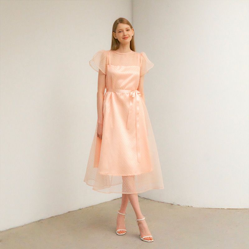 [회사원A 착용] DAISY See-through Petal sleeve Lace dress_peach pink - 상세 이미지 5