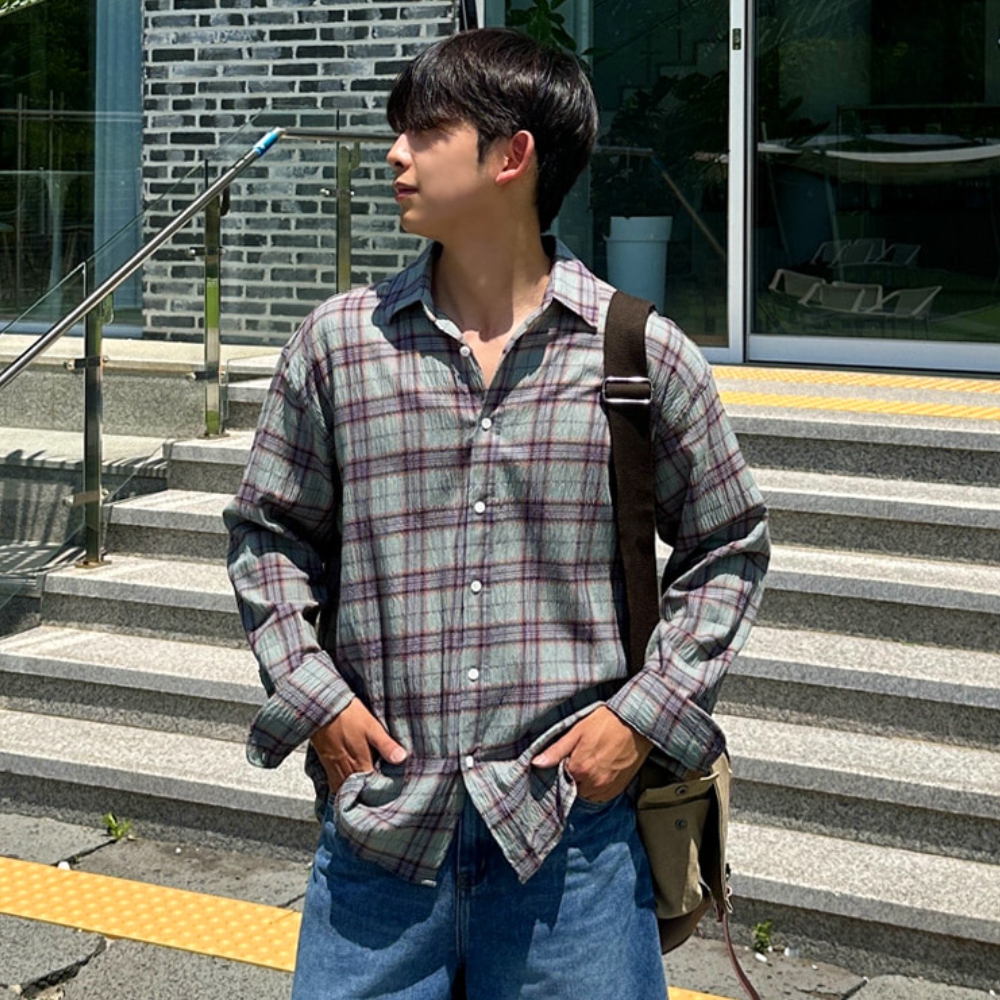남자 더멀 오버핏 여름 텐타덤블 린넨 체크 셔츠 남방 - 상세 이미지 3