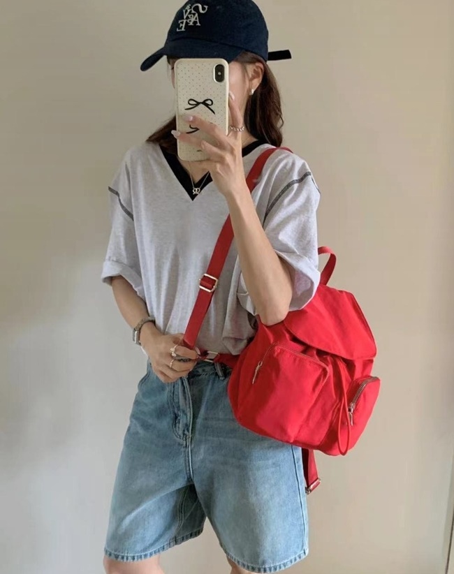 가벼운 나일론 투포켓 스트링 미니 배낭 백팩 여성 복조리가방