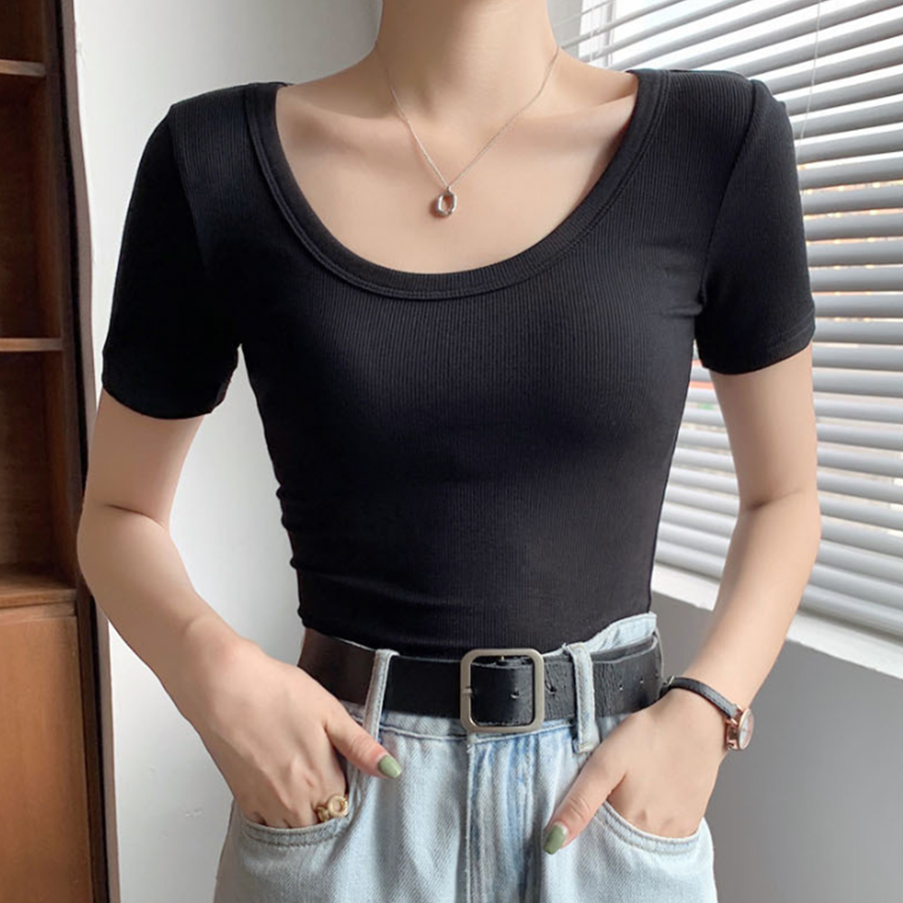 파란티 흠뻑쇼 반팔티 무지 U넥 레이어드 골지 여름 기본티 - 상세 이미지 3