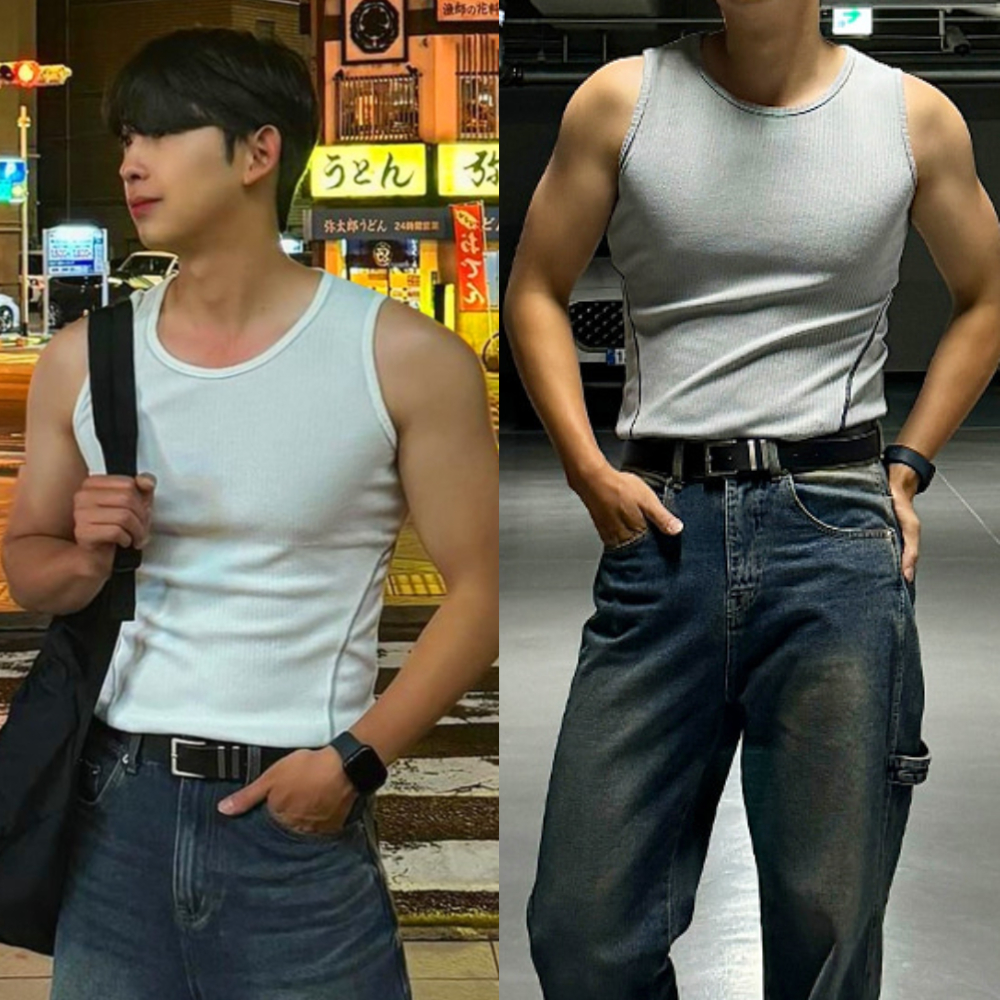 남자 젠우하 머슬핏 여름 사이드 포인트 골지 민소매 나시티 - 메인 이미지