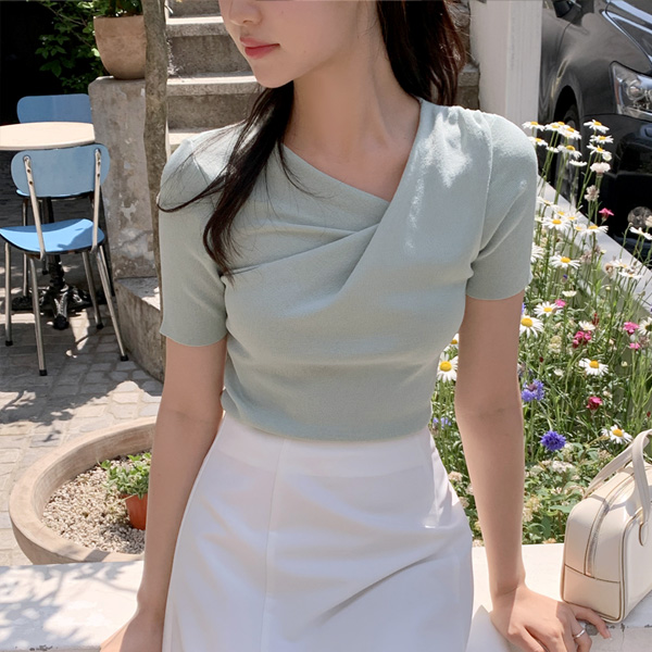 (페미닌포인트룩♥) 센르 언발 드레이프 셔링 반팔 티셔츠 ts4100 - 상품 이미지