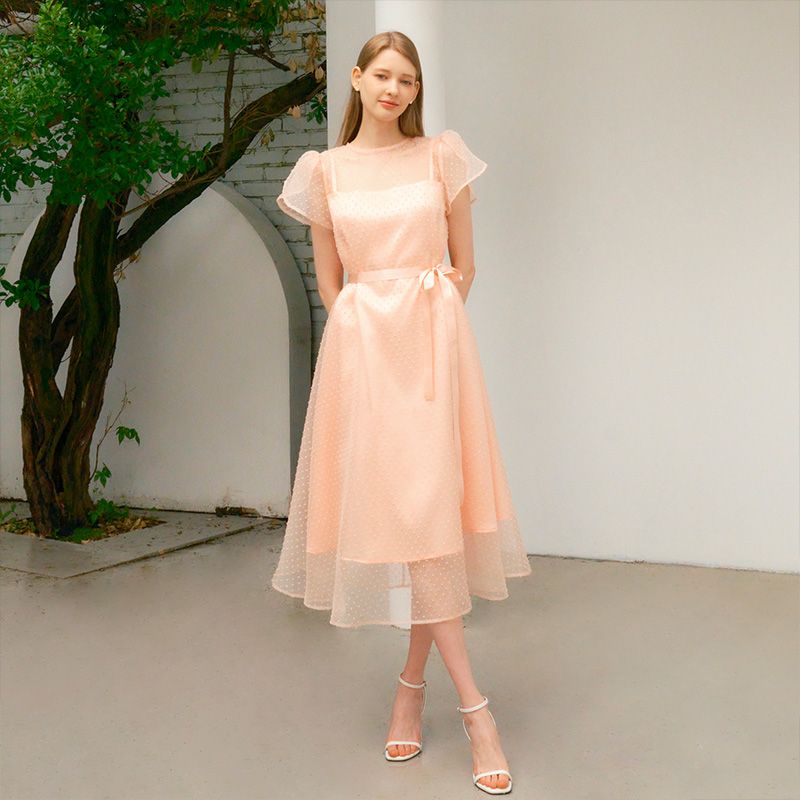 [회사원A 착용] DAISY See-through Petal sleeve Lace dress_peach pink - 상세 이미지 4