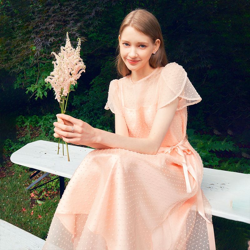 [회사원A 착용] DAISY See-through Petal sleeve Lace dress_peach pink - 상세 이미지 3