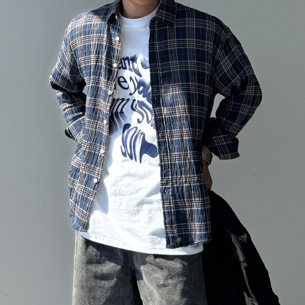 남자 더멀 오버핏 여름 텐타덤블 린넨 체크 셔츠 남방