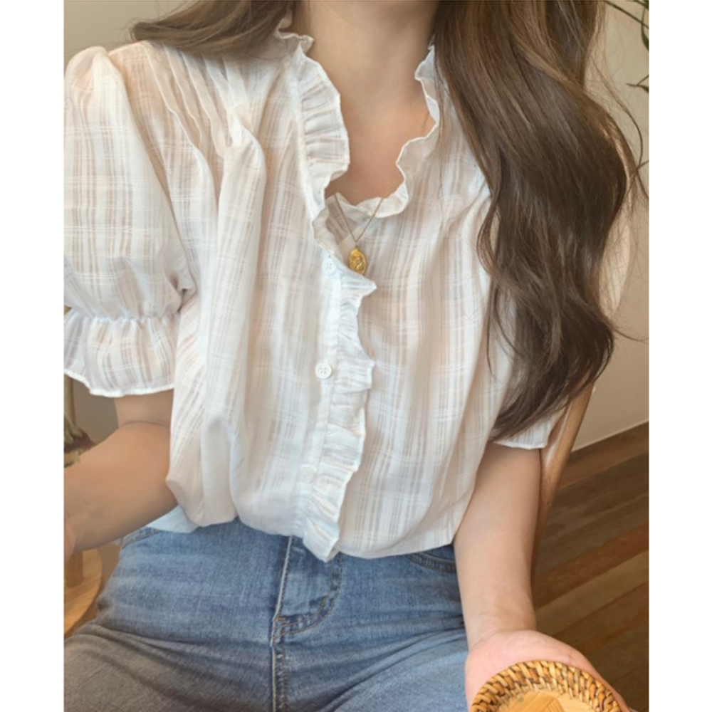 예식장옷차림 결혼식 하객룩 복장 흰색 여름 반팔 프릴 블라우스 - 상세 이미지 4