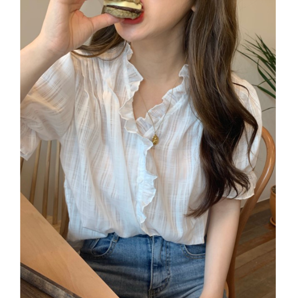 예식장옷차림 결혼식 하객룩 복장 흰색 여름 반팔 프릴 블라우스 - 상세 이미지 5