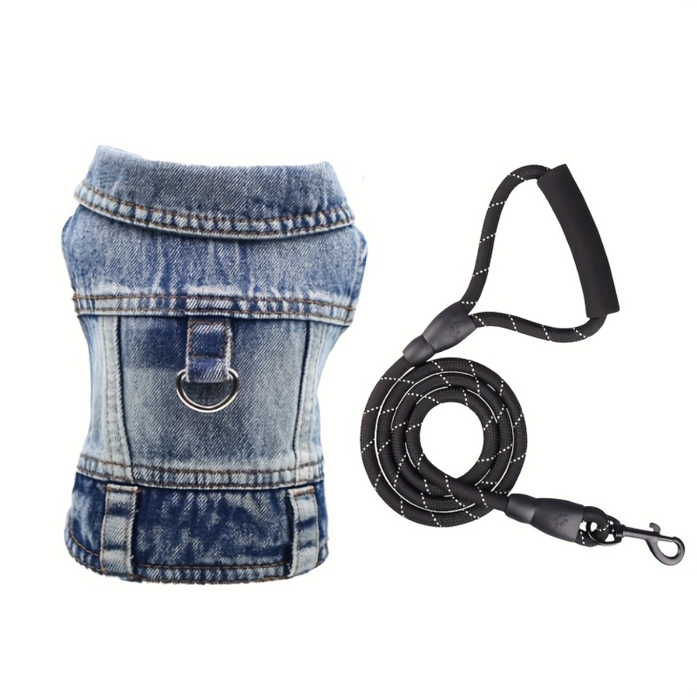 강아지 데님 옷 고양이 반려동물 상의 리드줄 포함 산책 세트