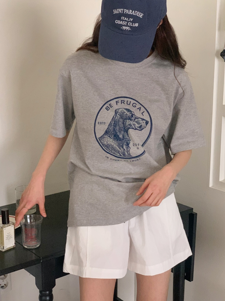 루즈핏 빈티지 퍼피 프린팅 티셔츠 레터링 여름 여성 티셔츠 면 라운드 여자 반팔티 - 상세 이미지 2