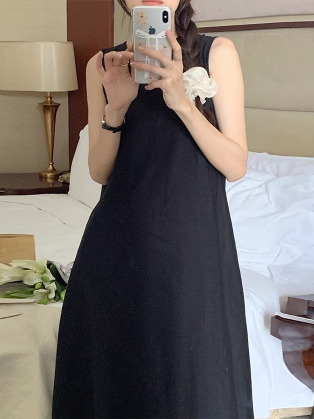 린넨 민소매 원피스 해변 뒷트임 심플 클래식 해변 휴가 여행 아이보리 블랙 - 상세 이미지 2