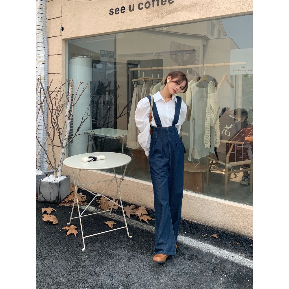 데님 멜빵 점프수트 일본풍 하이웨이스트 일자 와이드 팬츠 오버롤 - 상세 이미지 2