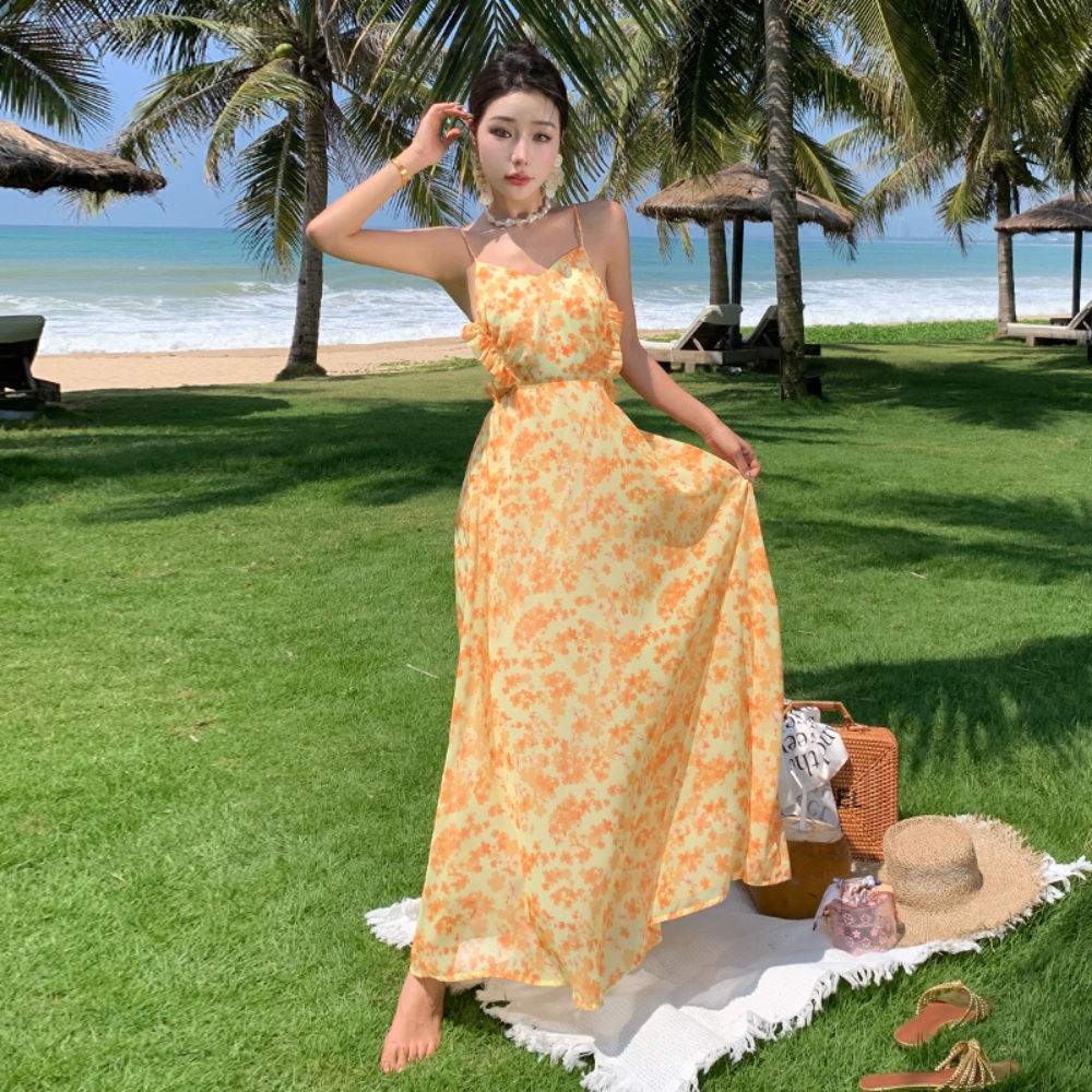나시 꽃무늬 원피스 쉬폰 뷔스티에 드레스 뒷리본포인트 휴양지 바캉스 해변 여행 오렌지 - 상품 이미지